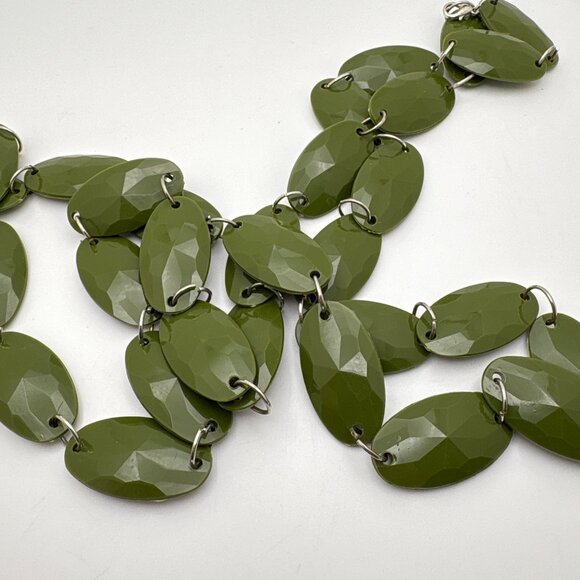 Vintage Olive Green Beaded Necklace Faceted Oval Beads Silver Tone Long 44 Inch - Picture 7 of 8